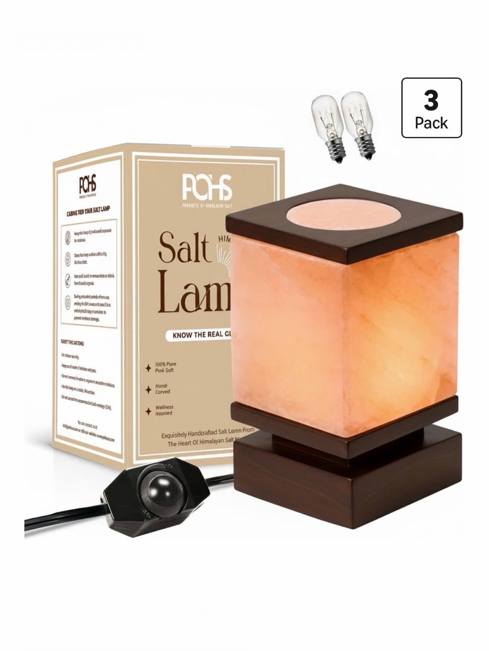 POHS 100% Authentic Cube Shape Himalayan Pink Salt Lamp with Brown Wooden Base
